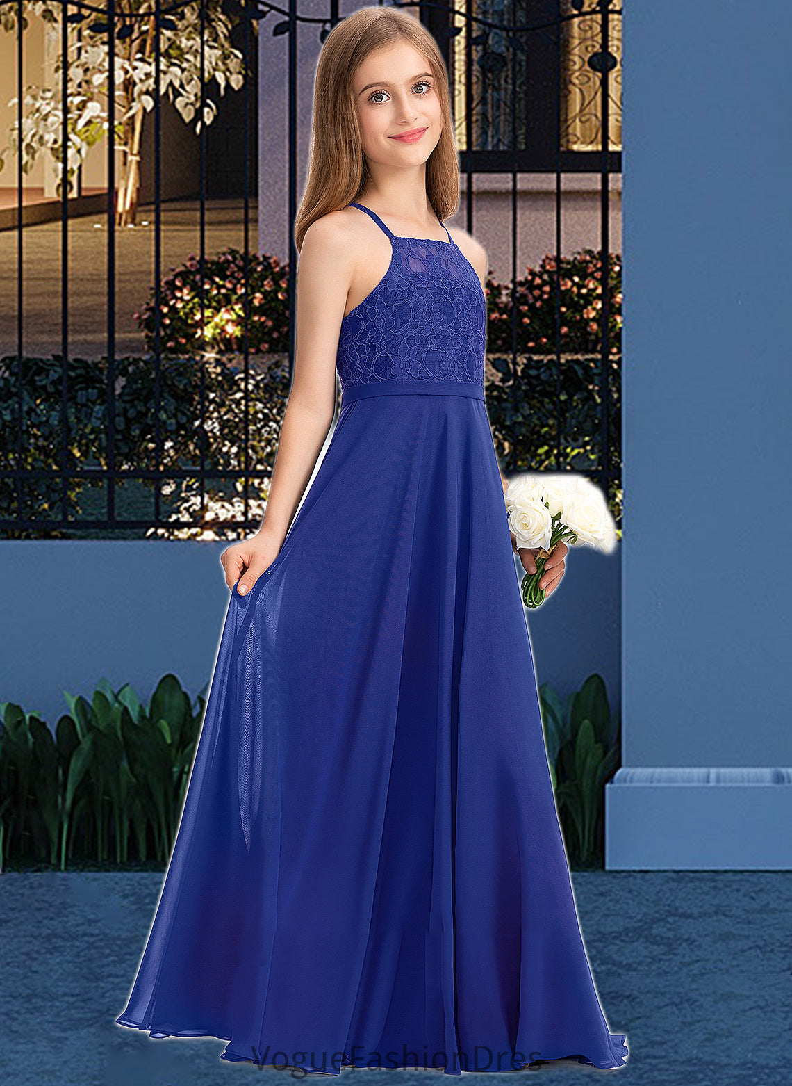 Ireland A-Line Square Neckline Floor-Length Chiffon Lace Junior Bridesmaid Dress DKP0013457