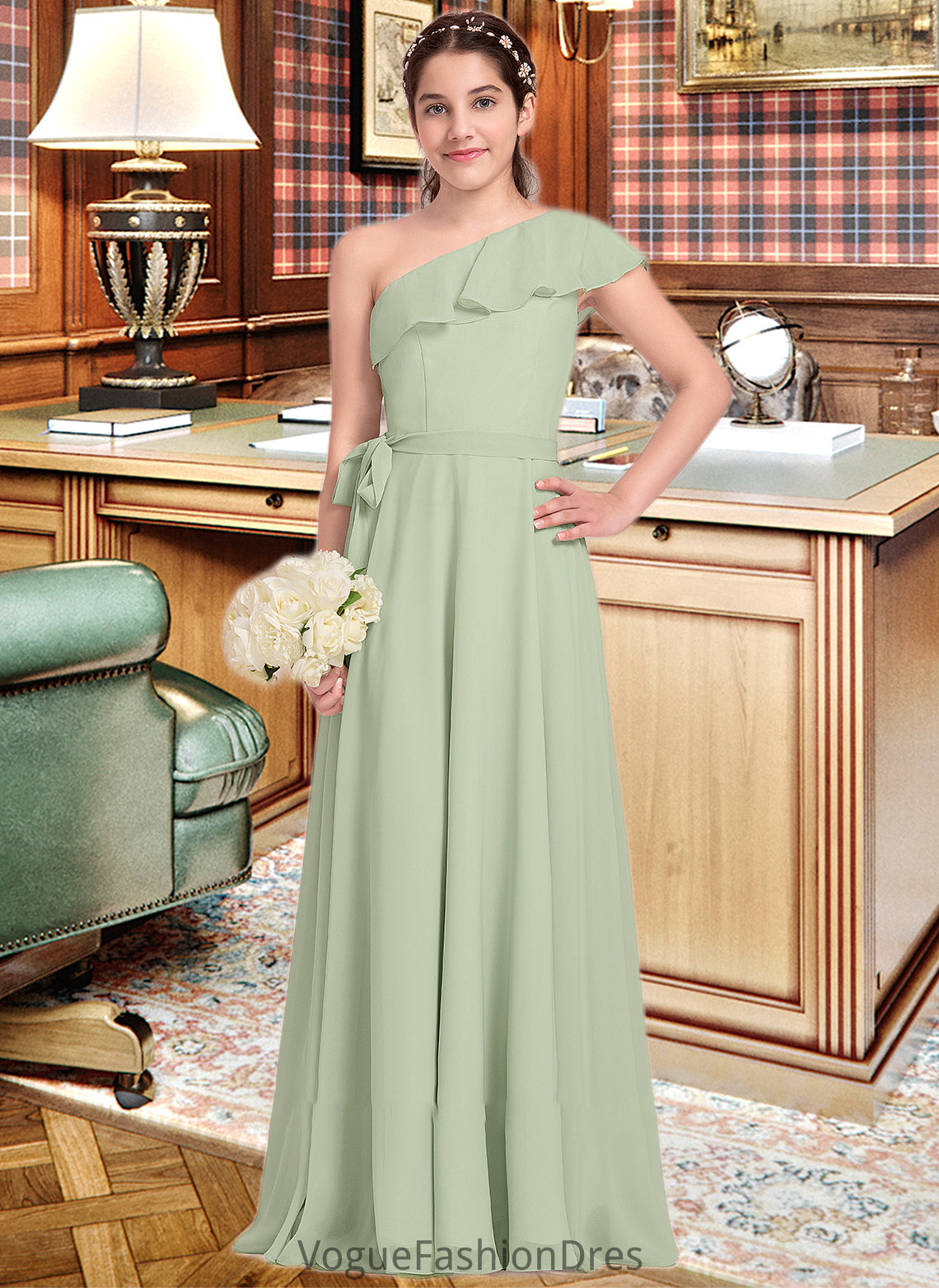 Brooke A-Line One-Shoulder Floor-Length Chiffon Junior Bridesmaid Dress With Cascading Ruffles DKP0013458