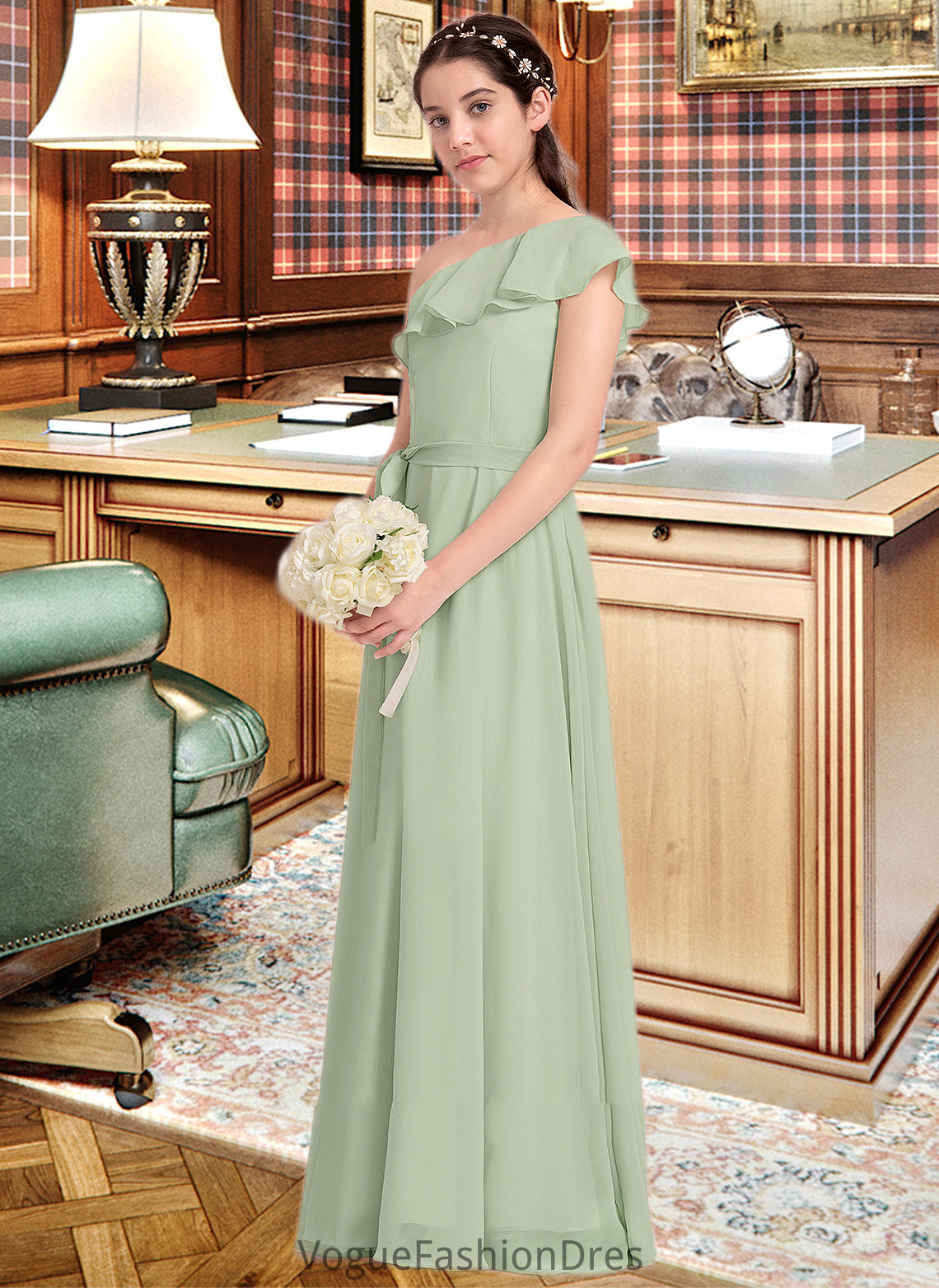 Brooke A-Line One-Shoulder Floor-Length Chiffon Junior Bridesmaid Dress With Cascading Ruffles DKP0013458