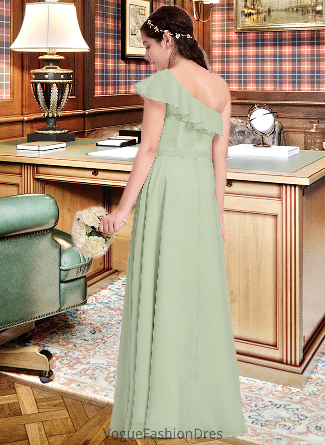 Brooke A-Line One-Shoulder Floor-Length Chiffon Junior Bridesmaid Dress With Cascading Ruffles DKP0013458