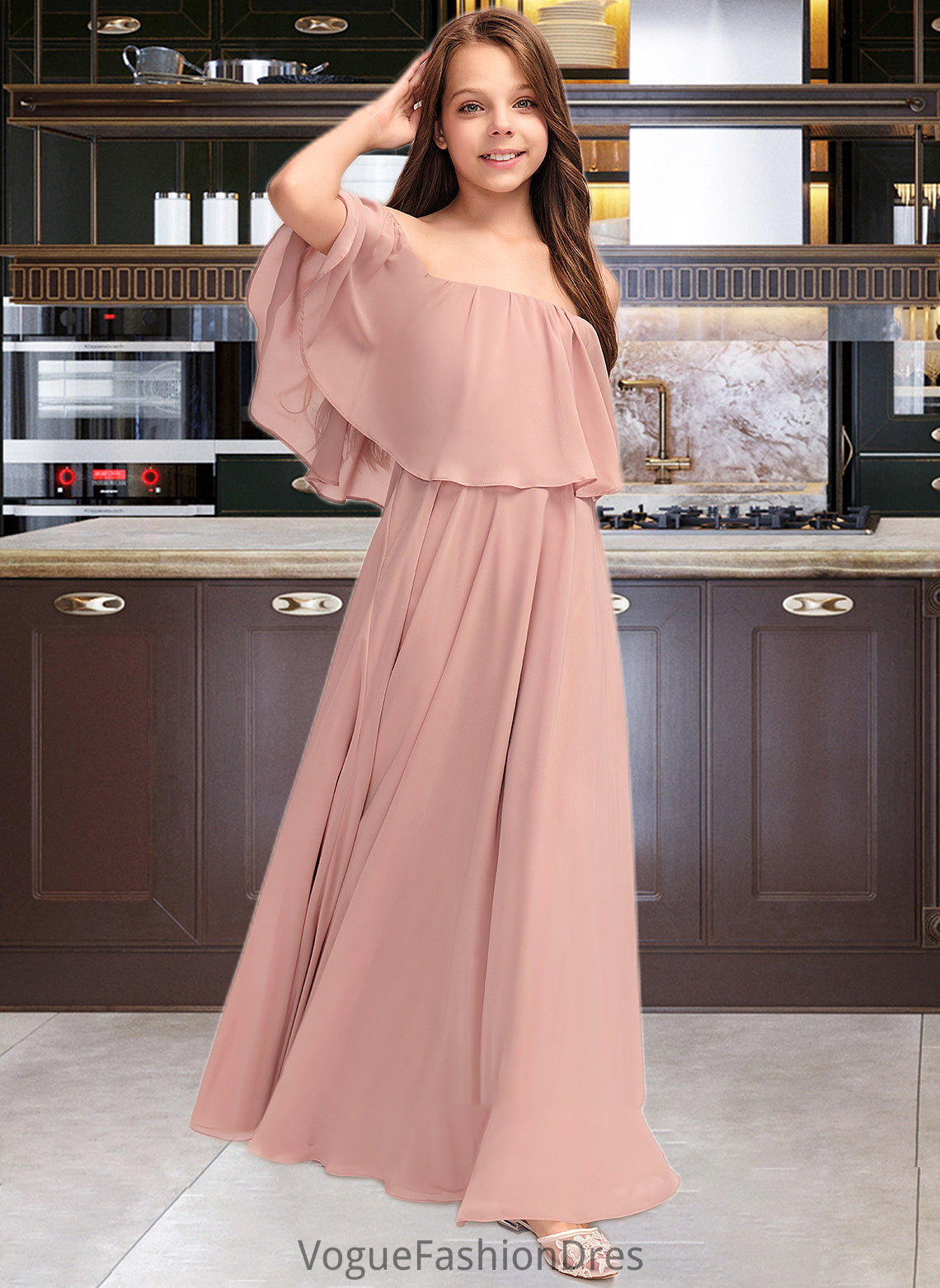 Erin A-Line Off-the-Shoulder Floor-Length Chiffon Junior Bridesmaid Dress With Ruffle DKP0013459