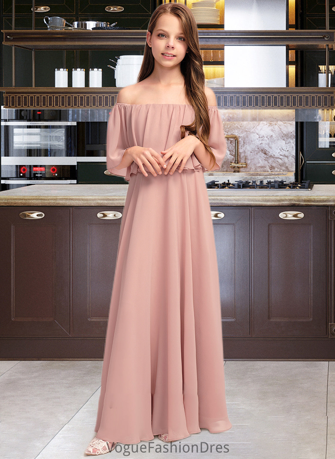 Erin A-Line Off-the-Shoulder Floor-Length Chiffon Junior Bridesmaid Dress With Ruffle DKP0013459