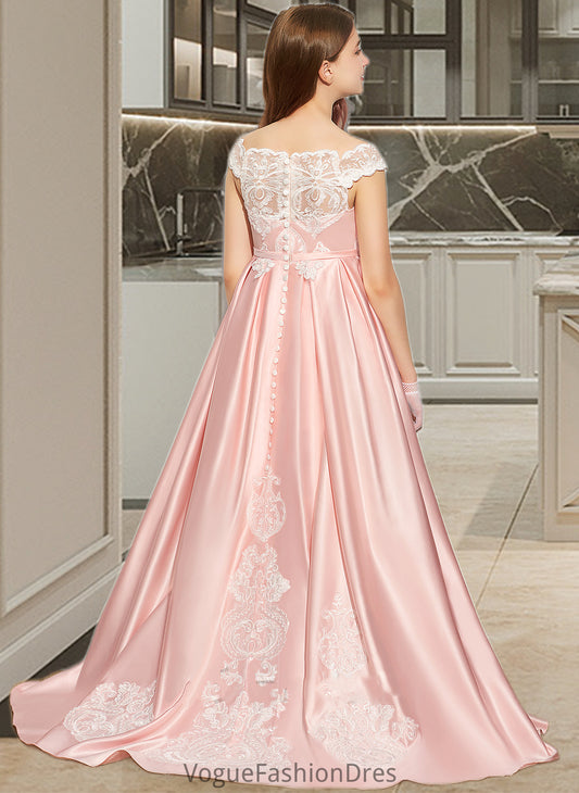 Michelle Ball-Gown/Princess Off-the-Shoulder Sweep Train Satin Lace Junior Bridesmaid Dress DKP0013460