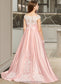 Michelle Ball-Gown/Princess Off-the-Shoulder Sweep Train Satin Lace Junior Bridesmaid Dress DKP0013460