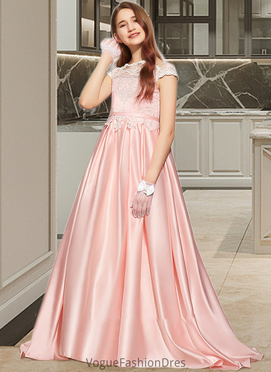 Michelle Ball-Gown/Princess Off-the-Shoulder Sweep Train Satin Lace Junior Bridesmaid Dress DKP0013460