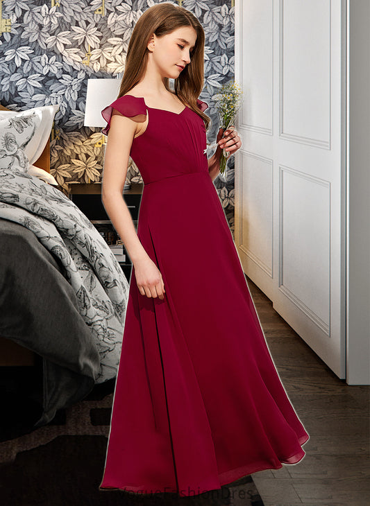 Princess A-Line V-neck Floor-Length Chiffon Junior Bridesmaid Dress With Ruffle DKP0013461