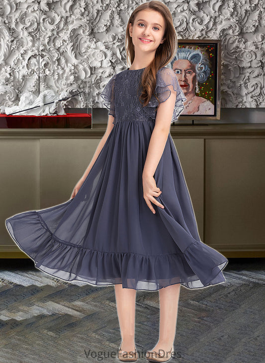 Keyla A-Line Scoop Neck Knee-Length Chiffon Lace Junior Bridesmaid Dress With Cascading Ruffles DKP0013462