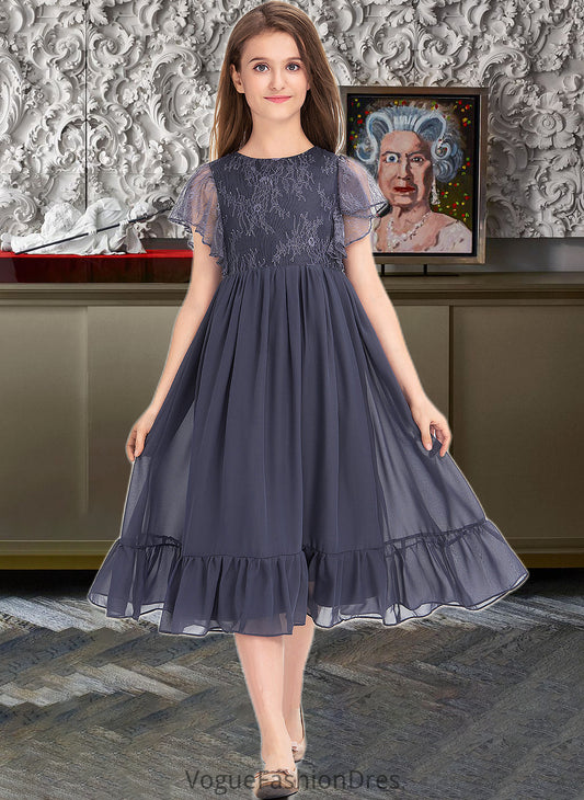 Keyla A-Line Scoop Neck Knee-Length Chiffon Lace Junior Bridesmaid Dress With Cascading Ruffles DKP0013462