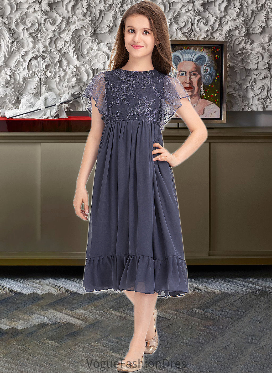 Keyla A-Line Scoop Neck Knee-Length Chiffon Lace Junior Bridesmaid Dress With Cascading Ruffles DKP0013462