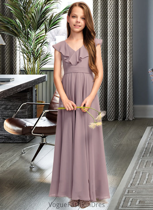 Karli A-Line V-neck Floor-Length Chiffon Junior Bridesmaid Dress With Cascading Ruffles DKP0013464