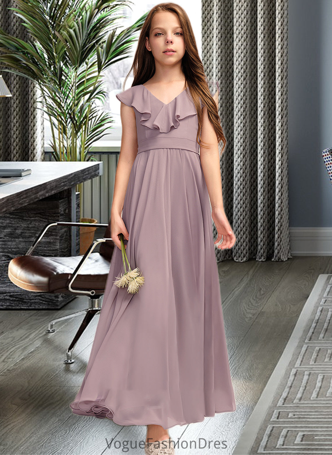 Karli A-Line V-neck Floor-Length Chiffon Junior Bridesmaid Dress With Cascading Ruffles DKP0013464