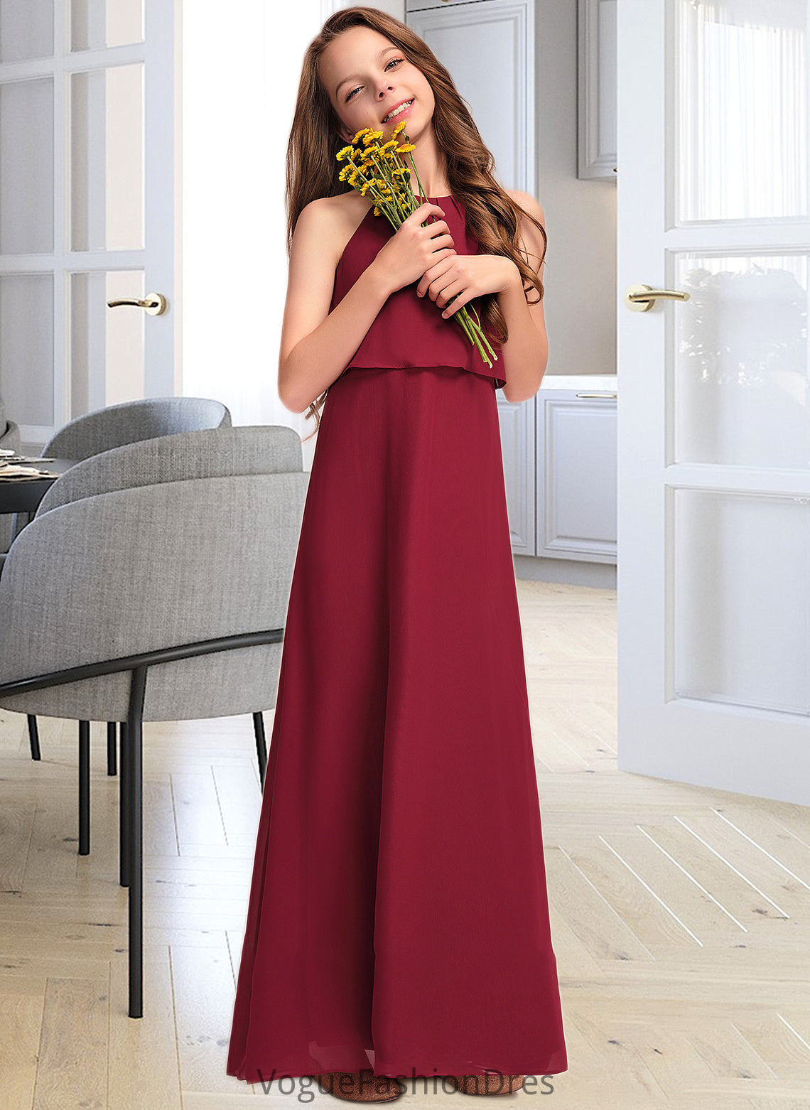 Ellie A-Line Scoop Neck Floor-Length Chiffon Junior Bridesmaid Dress With Ruffles DKP0013465