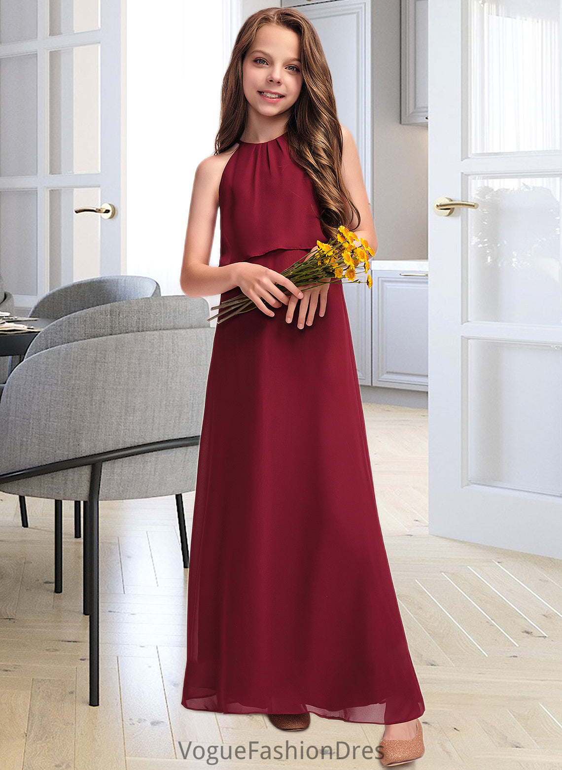 Ellie A-Line Scoop Neck Floor-Length Chiffon Junior Bridesmaid Dress With Ruffles DKP0013465