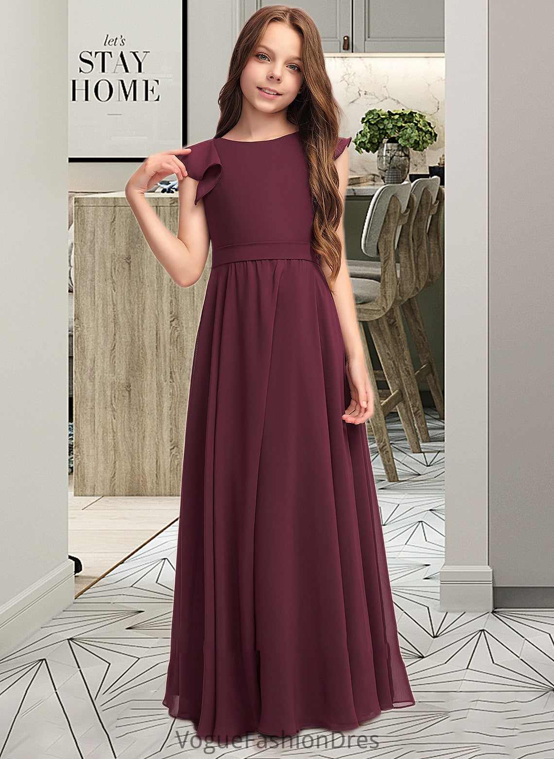 Lara A-Line Scoop Neck Floor-Length Chiffon Junior Bridesmaid Dress With Cascading Ruffles DKP0013466