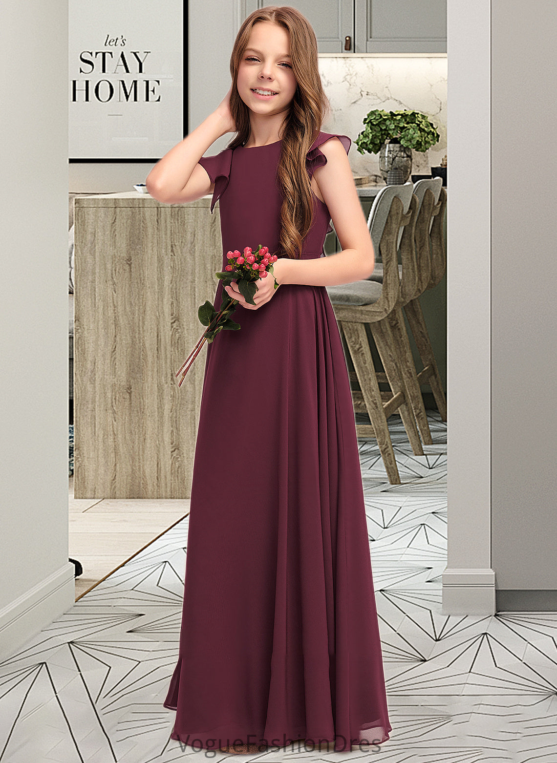 Lara A-Line Scoop Neck Floor-Length Chiffon Junior Bridesmaid Dress With Cascading Ruffles DKP0013466