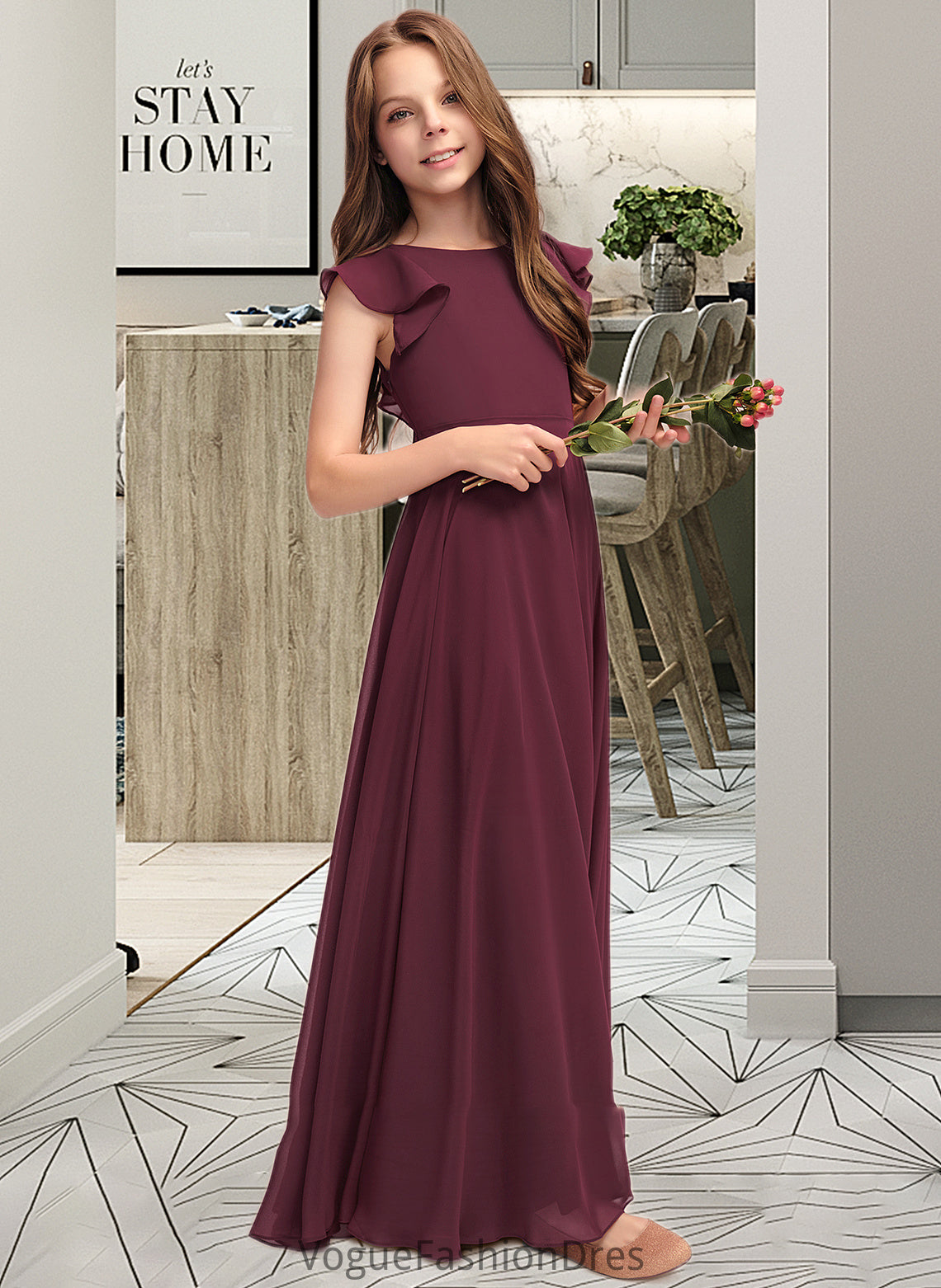 Lara A-Line Scoop Neck Floor-Length Chiffon Junior Bridesmaid Dress With Cascading Ruffles DKP0013466