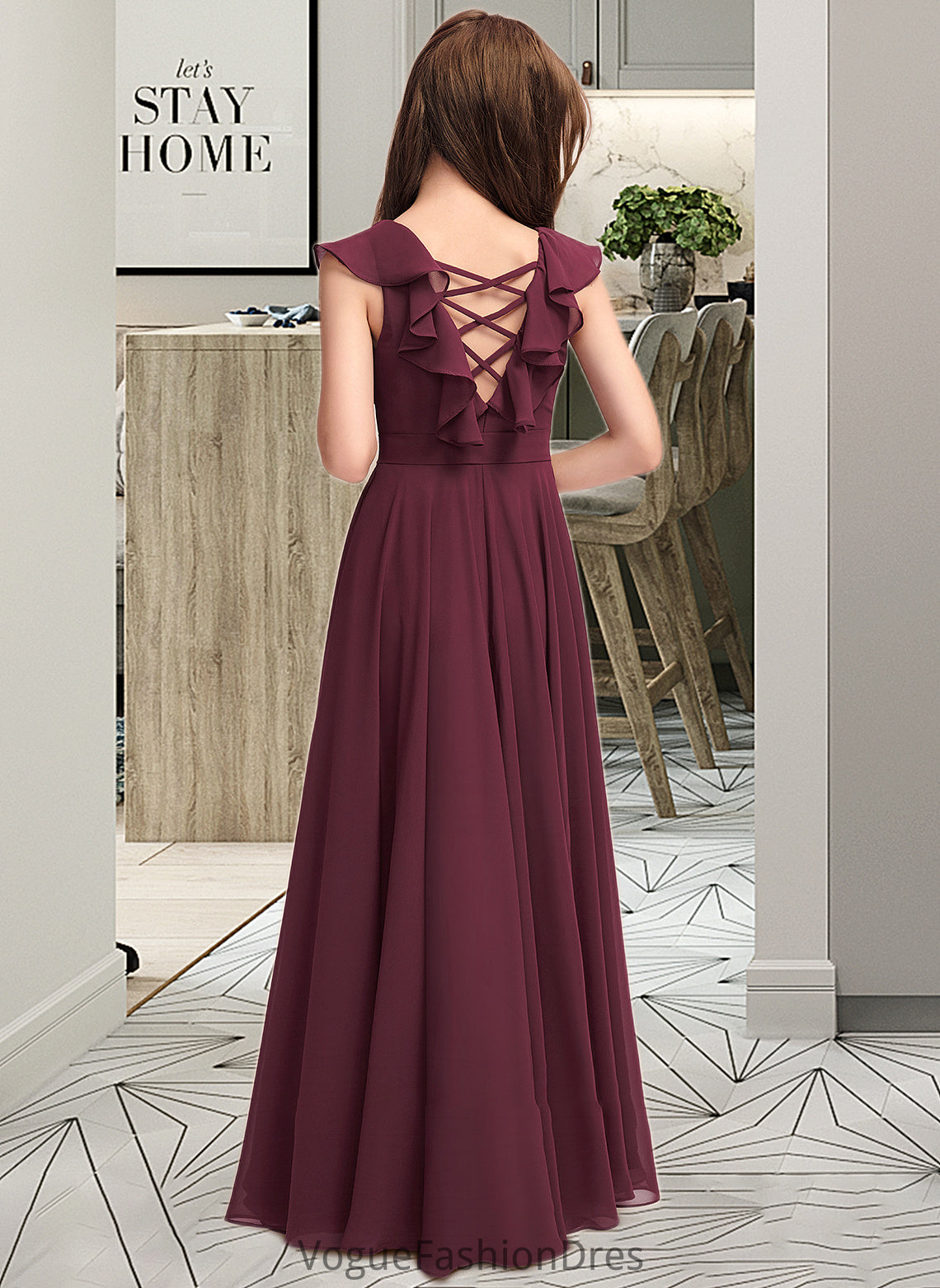 Lara A-Line Scoop Neck Floor-Length Chiffon Junior Bridesmaid Dress With Cascading Ruffles DKP0013466