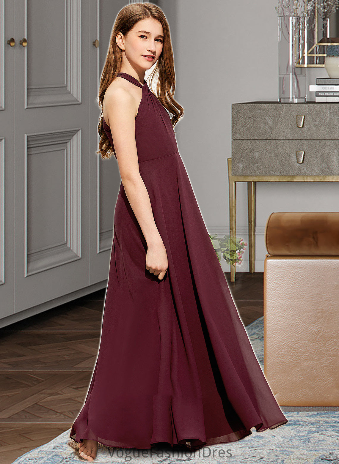 Meghan A-Line V-neck Floor-Length Chiffon Junior Bridesmaid Dress With Ruffle DKP0013468