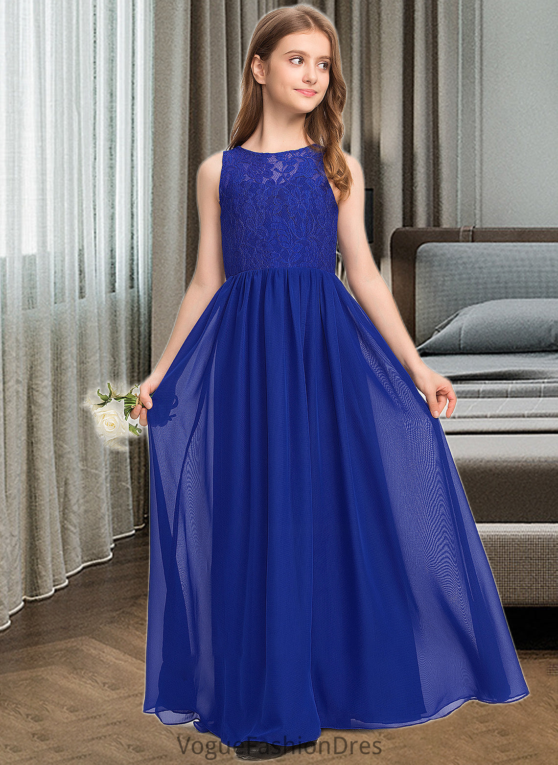 Katrina A-Line Scoop Neck Floor-Length Chiffon Lace Junior Bridesmaid Dress DKP0013469