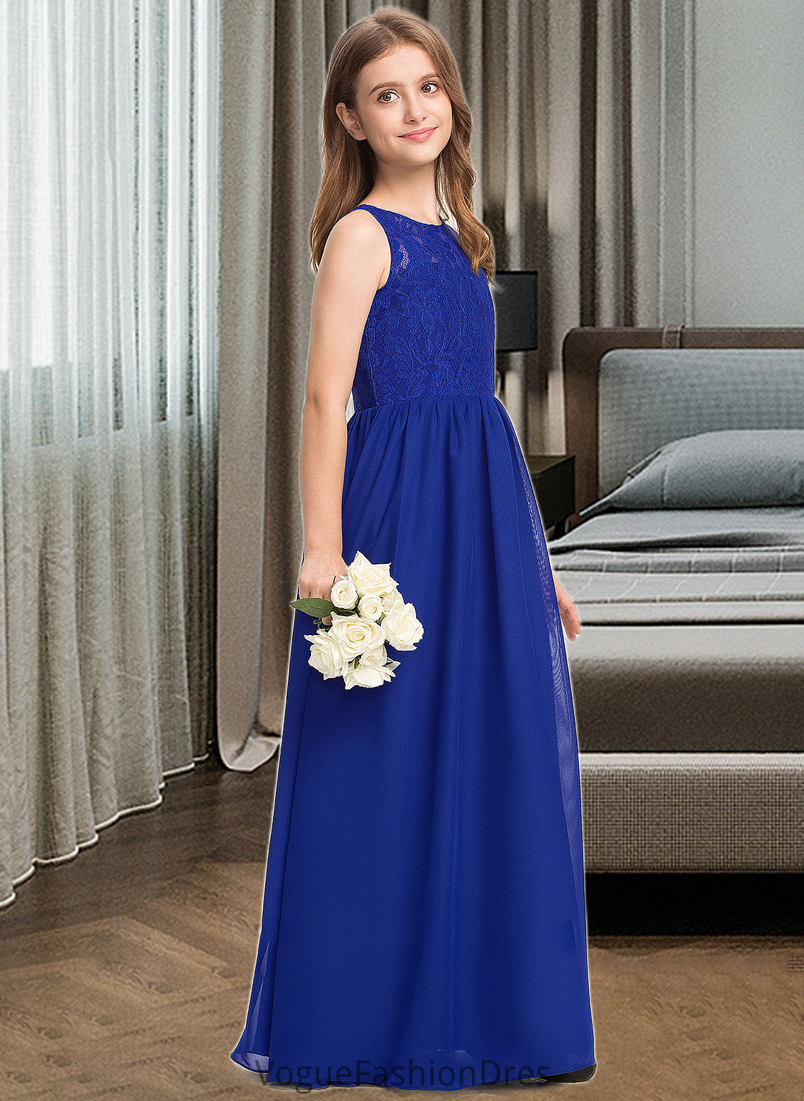 Katrina A-Line Scoop Neck Floor-Length Chiffon Lace Junior Bridesmaid Dress DKP0013469