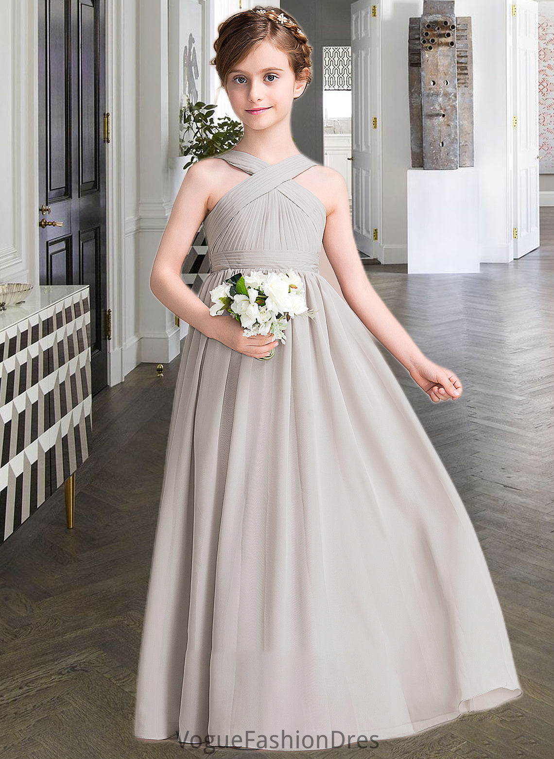 Olympia A-Line V-neck Floor-Length Chiffon Junior Bridesmaid Dress With Ruffle Bow(s) DKP0013491