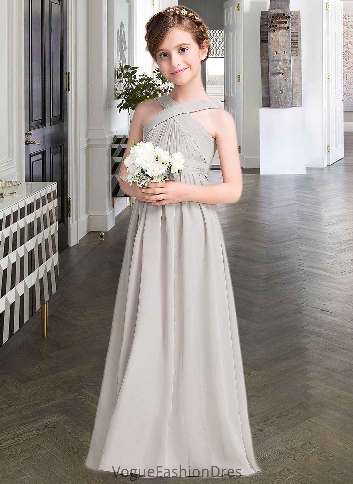 Olympia A-Line V-neck Floor-Length Chiffon Junior Bridesmaid Dress With Ruffle Bow(s) DKP0013491