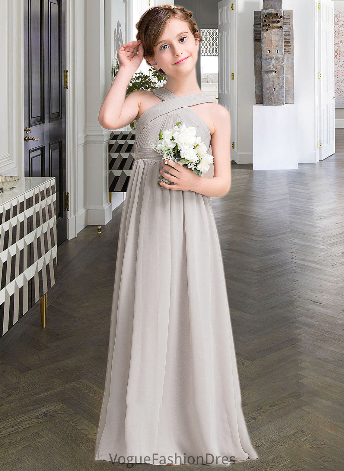 Olympia A-Line V-neck Floor-Length Chiffon Junior Bridesmaid Dress With Ruffle Bow(s) DKP0013491