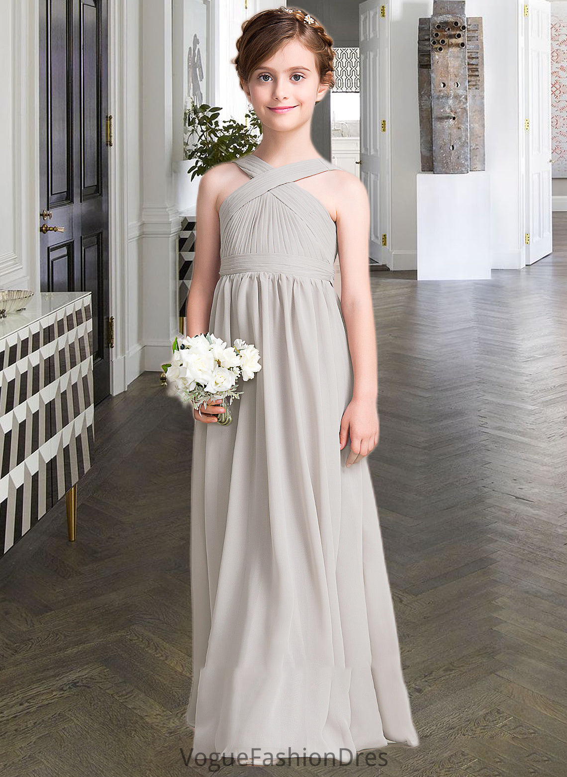 Olympia A-Line V-neck Floor-Length Chiffon Junior Bridesmaid Dress With Ruffle Bow(s) DKP0013491