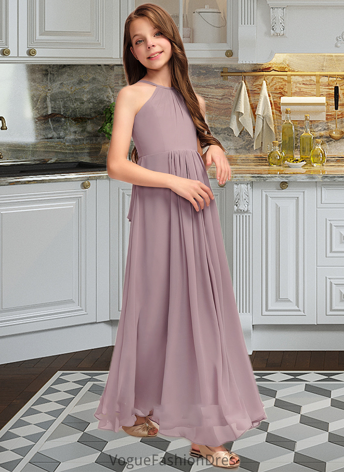 Evangeline A-Line Scoop Neck Floor-Length Chiffon Junior Bridesmaid Dress With Cascading Ruffles DKP0013492