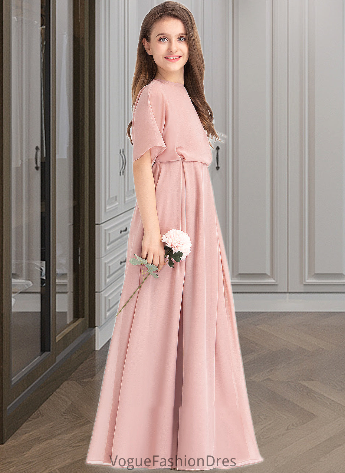 Jayla A-Line Scoop Neck Floor-Length Chiffon Junior Bridesmaid Dress DKP0013493