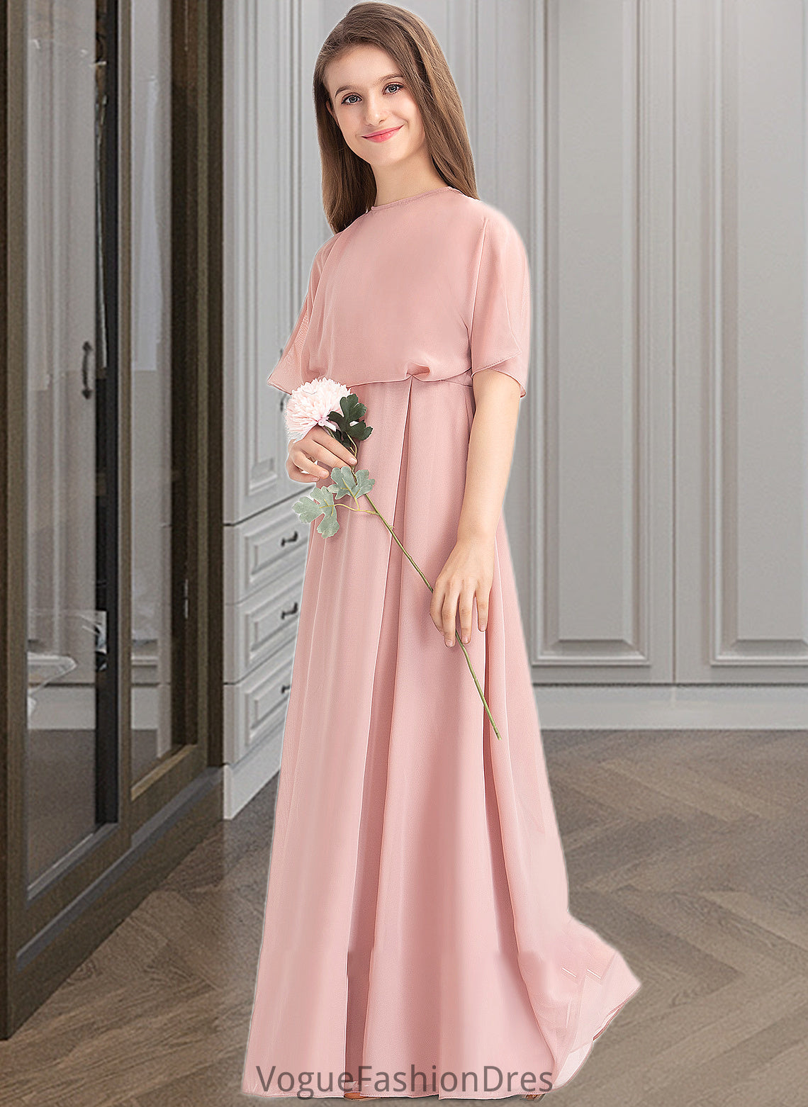 Jayla A-Line Scoop Neck Floor-Length Chiffon Junior Bridesmaid Dress DKP0013493