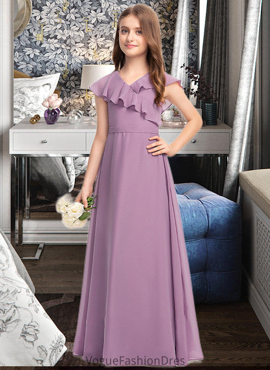 Sydnee A-Line V-neck Floor-Length Chiffon Junior Bridesmaid Dress With Bow(s) Cascading Ruffles DKP0013494