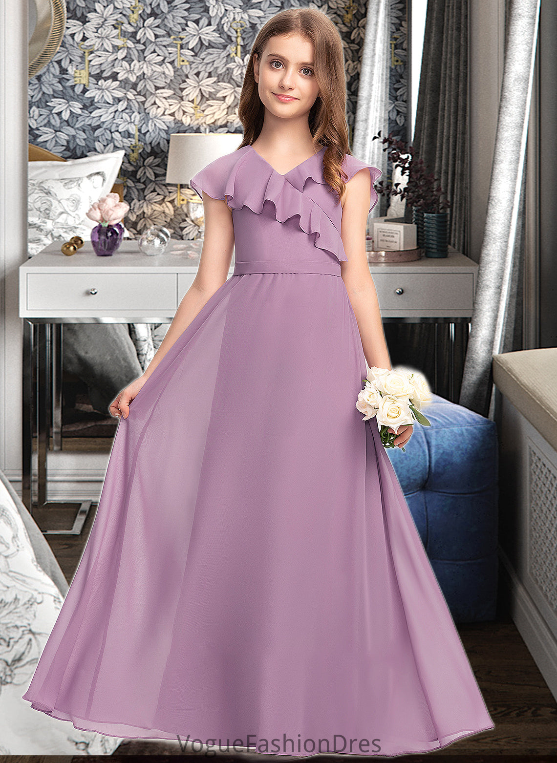 Sydnee A-Line V-neck Floor-Length Chiffon Junior Bridesmaid Dress With Bow(s) Cascading Ruffles DKP0013494