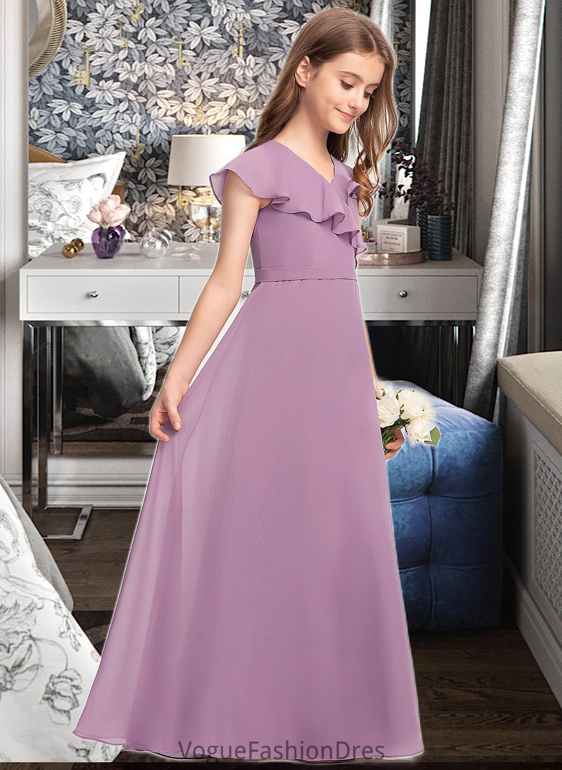 Sydnee A-Line V-neck Floor-Length Chiffon Junior Bridesmaid Dress With Bow(s) Cascading Ruffles DKP0013494