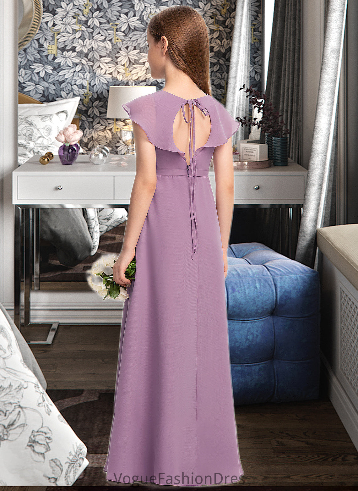 Sydnee A-Line V-neck Floor-Length Chiffon Junior Bridesmaid Dress With Bow(s) Cascading Ruffles DKP0013494