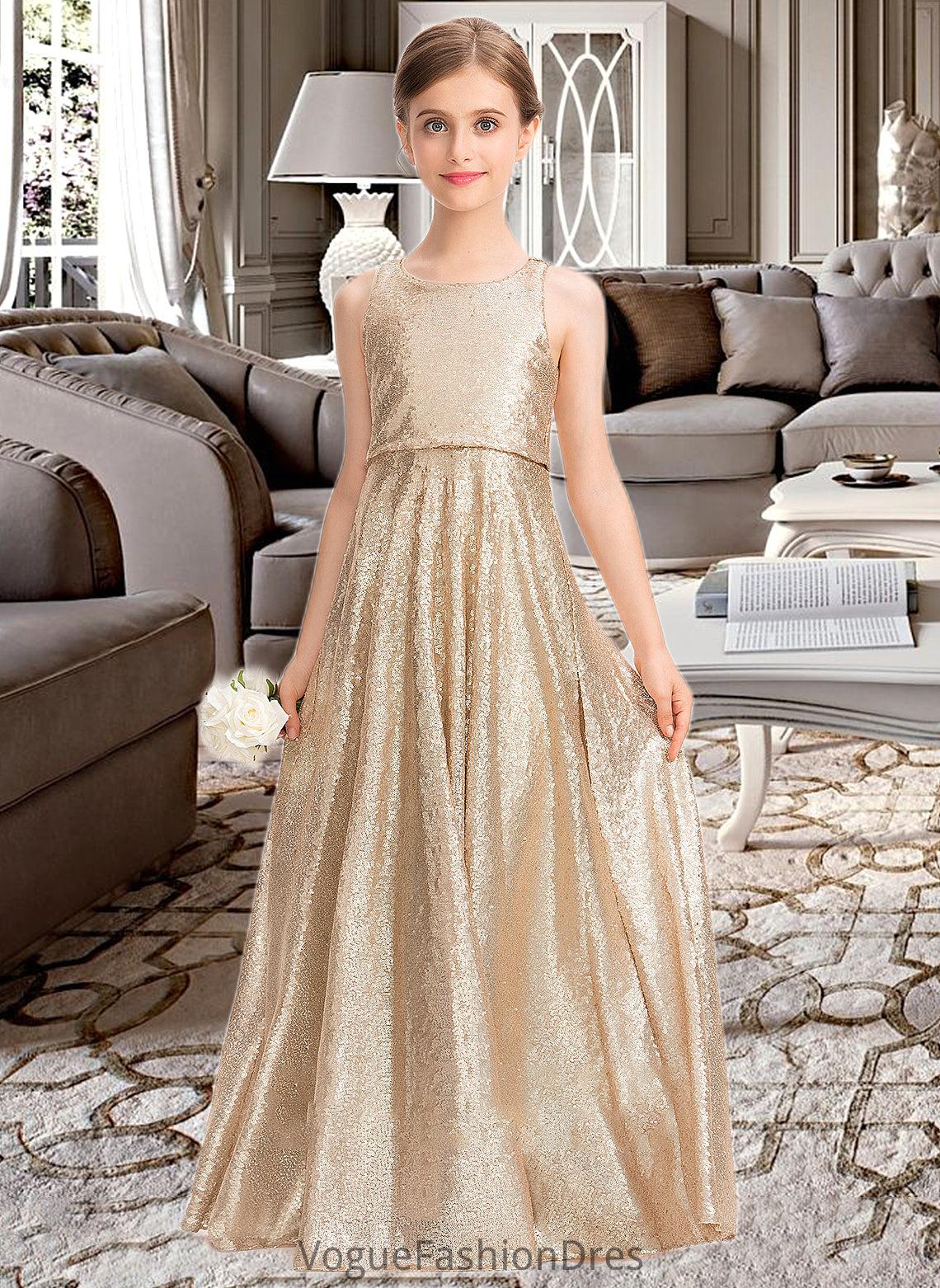 Jaslene A-Line Scoop Neck Floor-Length Sequined Junior Bridesmaid Dress DKP0013495