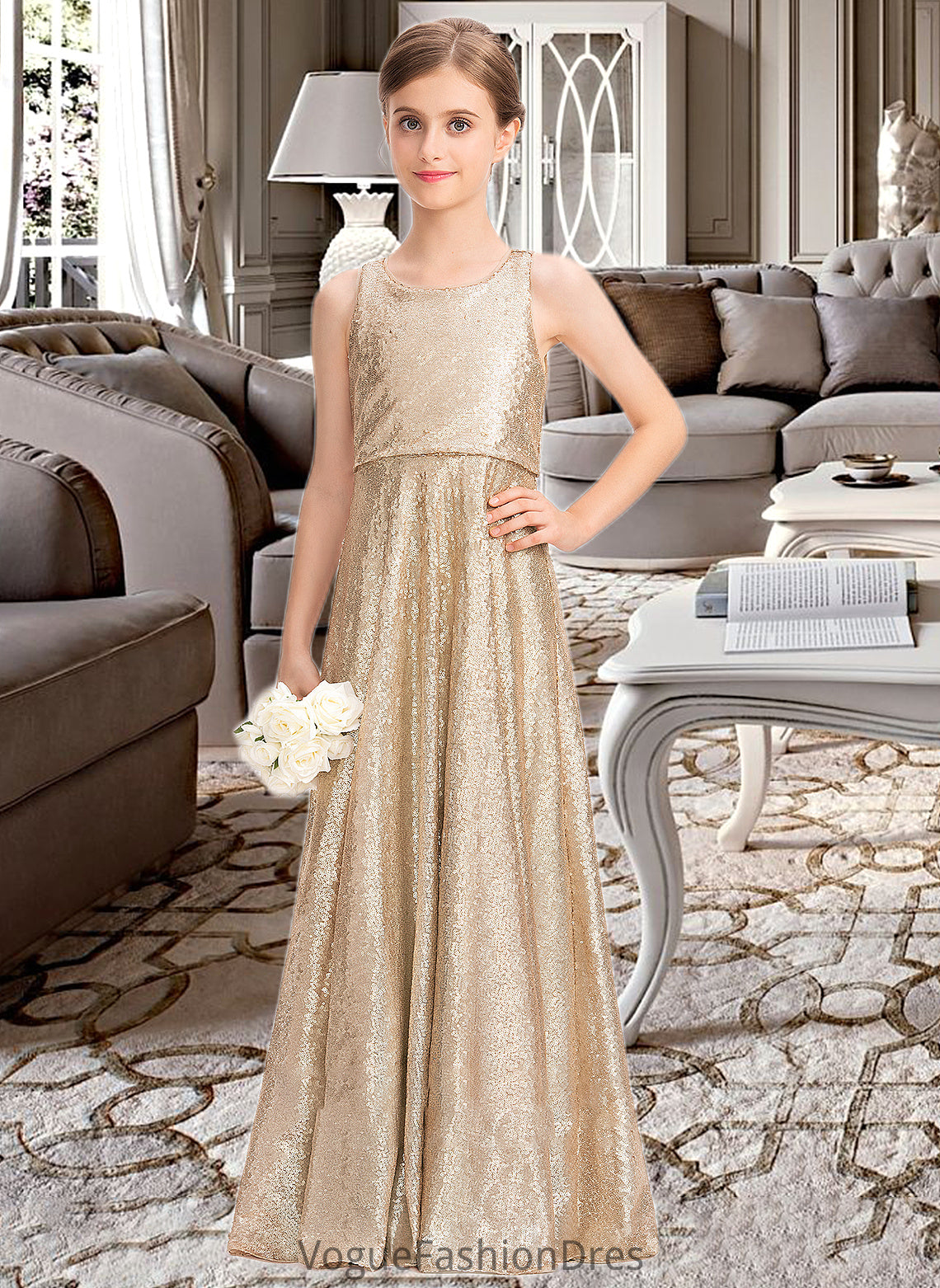 Jaslene A-Line Scoop Neck Floor-Length Sequined Junior Bridesmaid Dress DKP0013495