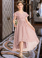 Angelica A-Line V-neck Asymmetrical Chiffon Junior Bridesmaid Dress With Bow(s) Cascading Ruffles DKP0013496