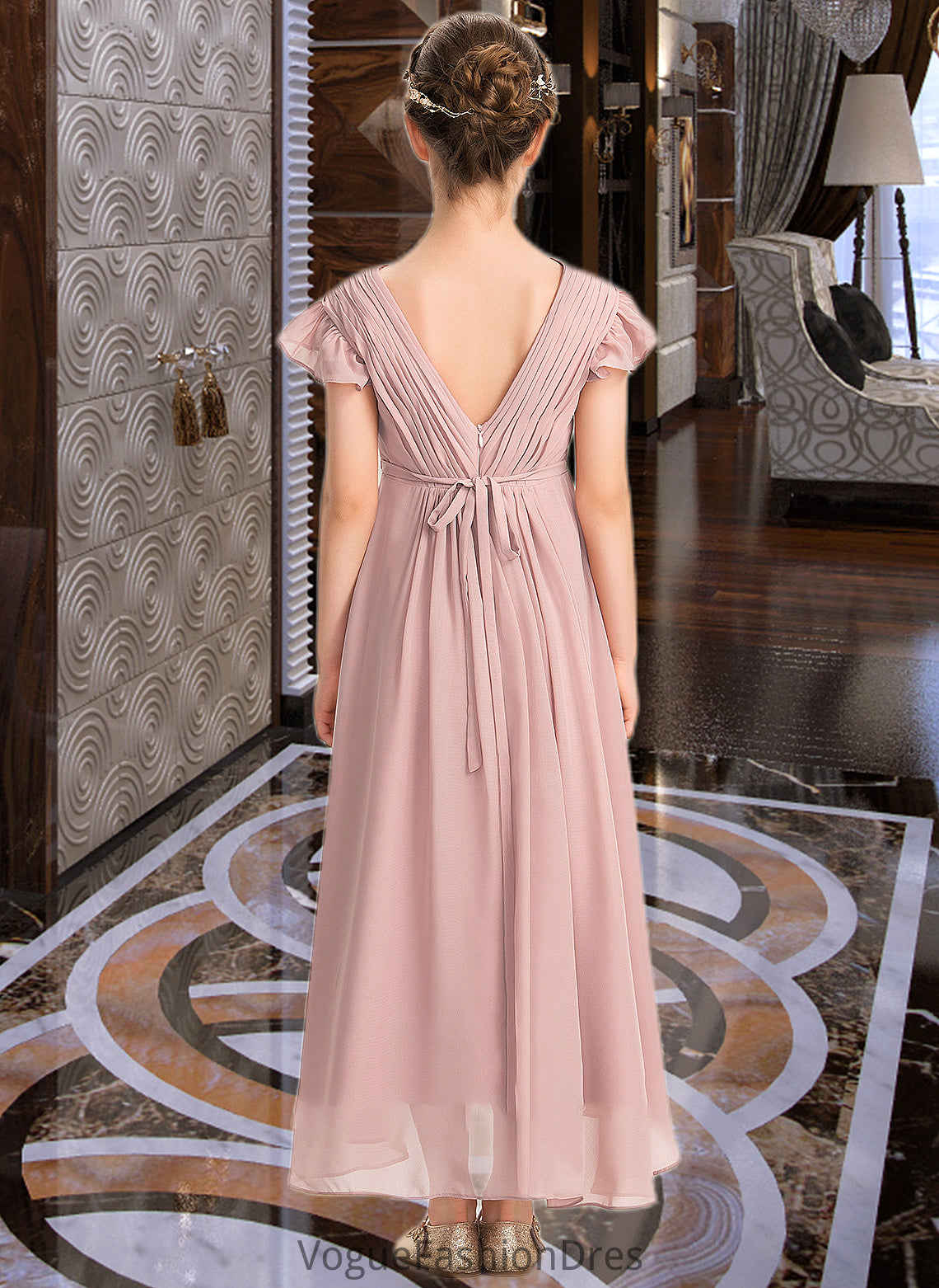 Angelica A-Line V-neck Asymmetrical Chiffon Junior Bridesmaid Dress With Bow(s) Cascading Ruffles DKP0013496