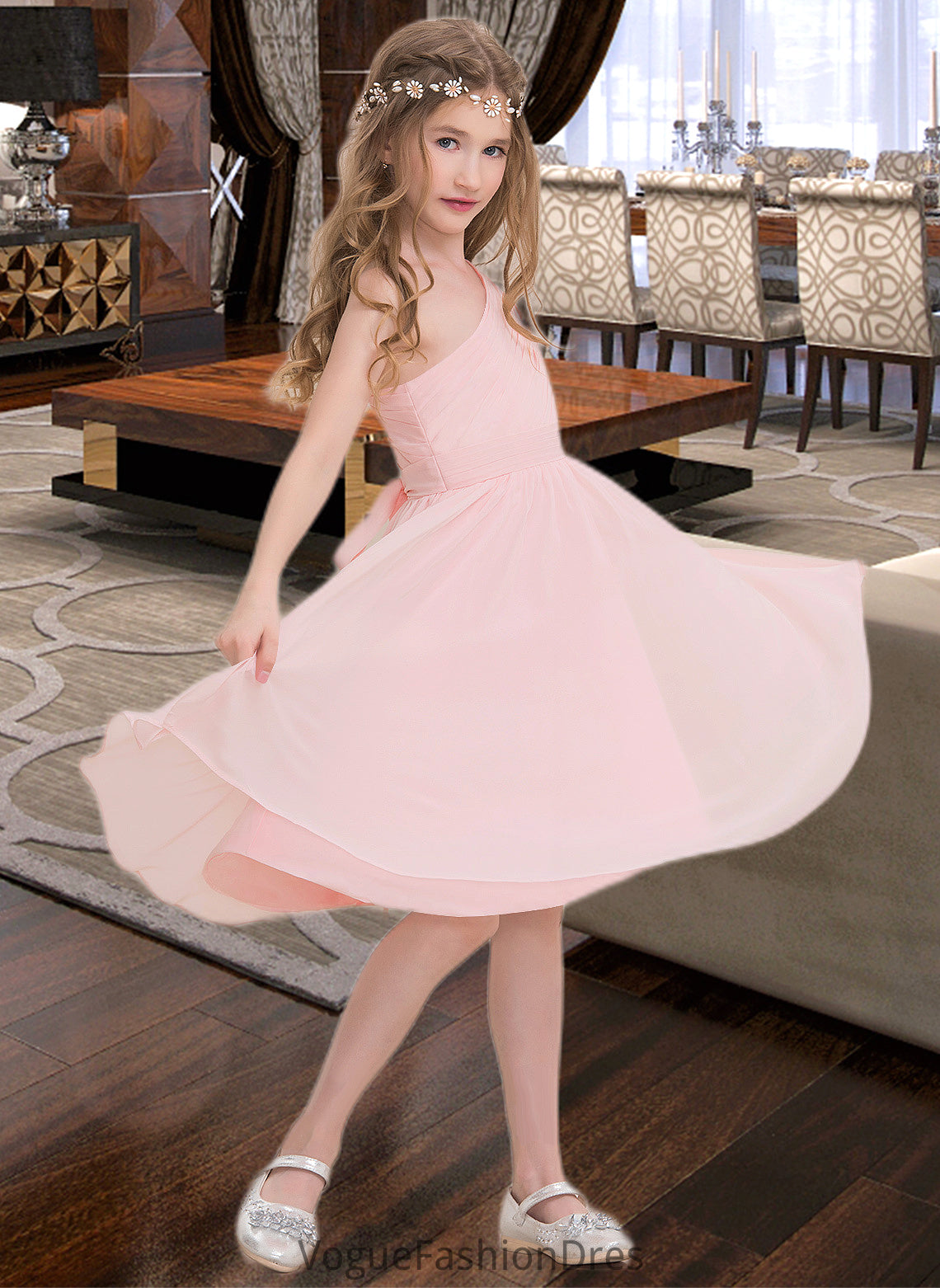 Bridget A-Line One-Shoulder Knee-Length Chiffon Junior Bridesmaid Dress With Ruffle DKP0013499