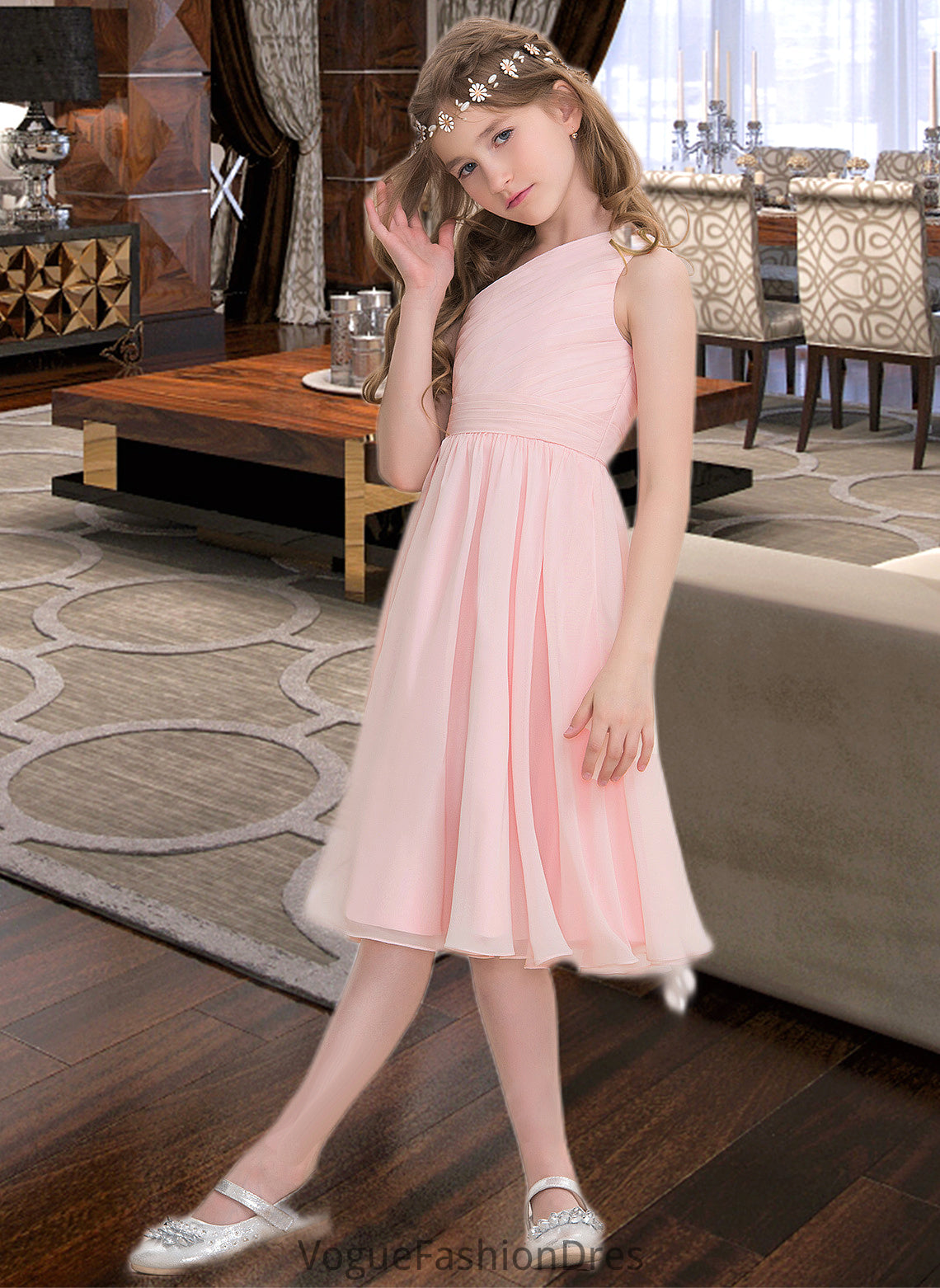 Bridget A-Line One-Shoulder Knee-Length Chiffon Junior Bridesmaid Dress With Ruffle DKP0013499