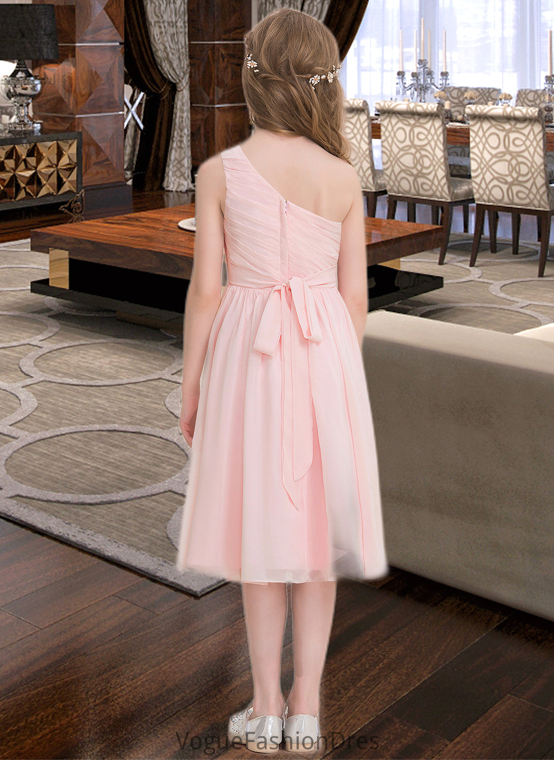 Bridget A-Line One-Shoulder Knee-Length Chiffon Junior Bridesmaid Dress With Ruffle DKP0013499