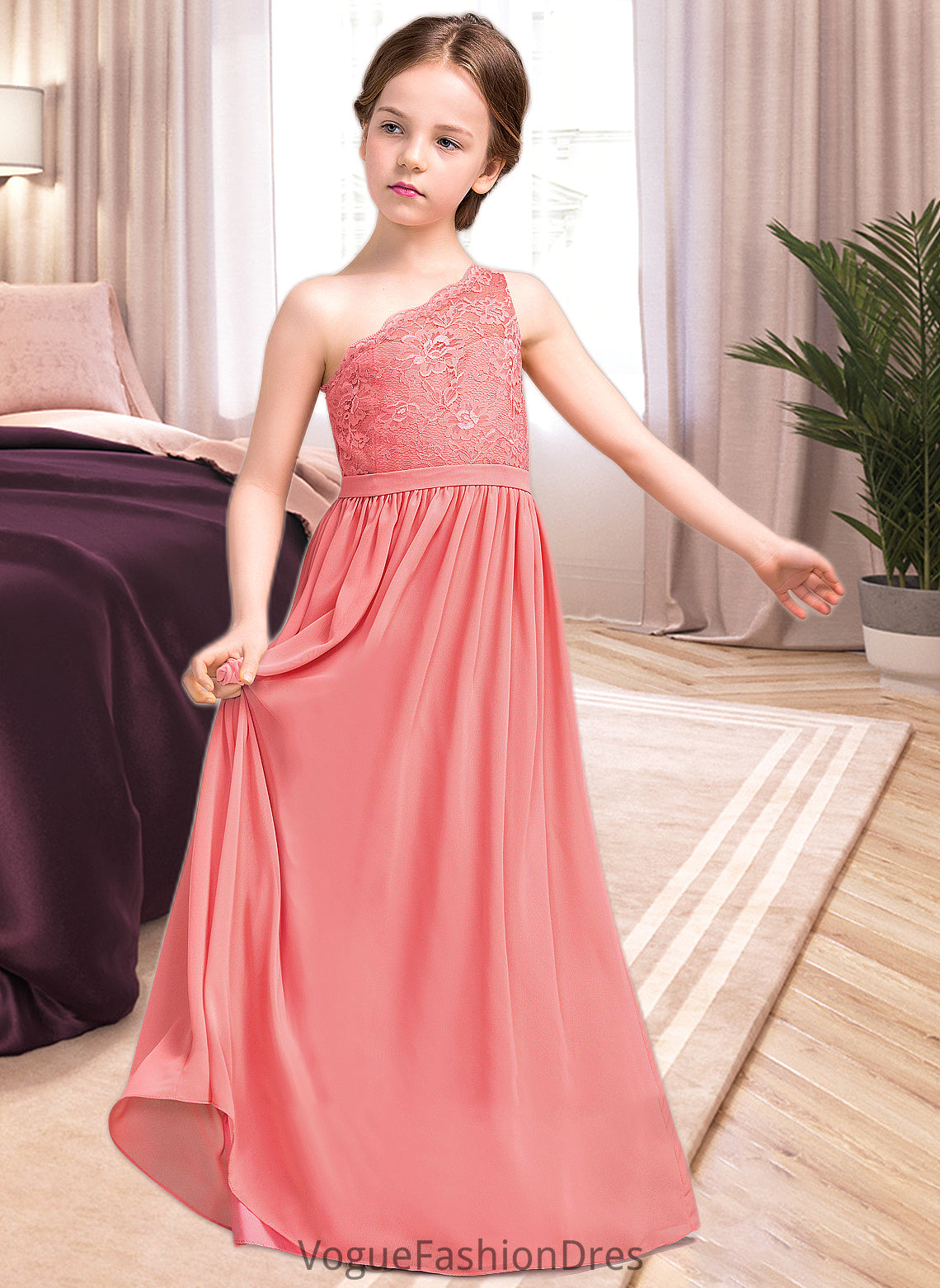 Jeanie A-Line One-Shoulder Floor-Length Chiffon Lace Junior Bridesmaid Dress DKP0013500