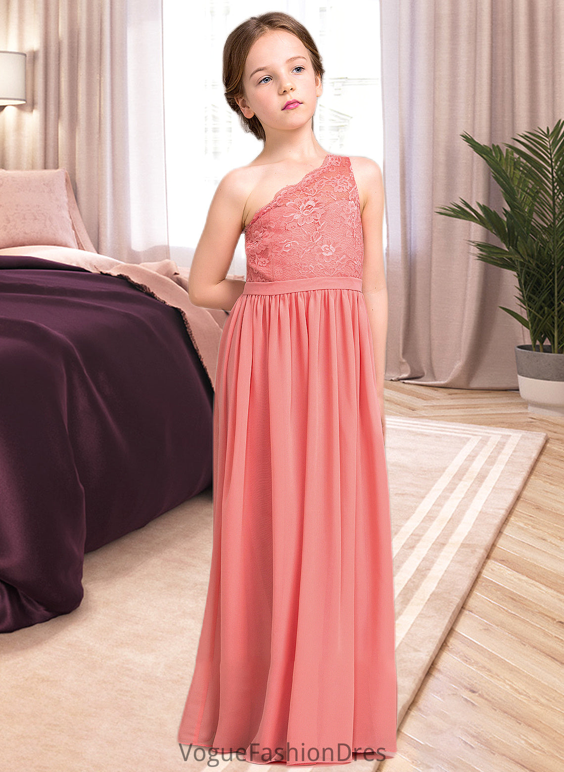 Jeanie A-Line One-Shoulder Floor-Length Chiffon Lace Junior Bridesmaid Dress DKP0013500