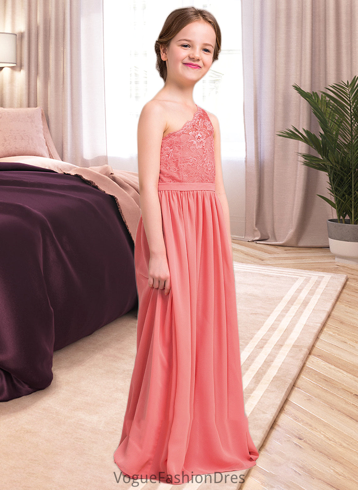 Jeanie A-Line One-Shoulder Floor-Length Chiffon Lace Junior Bridesmaid Dress DKP0013500