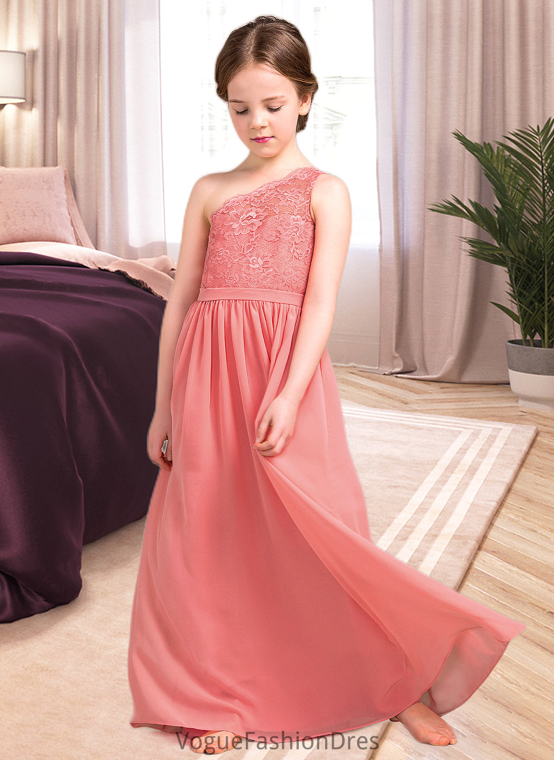 Jeanie A-Line One-Shoulder Floor-Length Chiffon Lace Junior Bridesmaid Dress DKP0013500