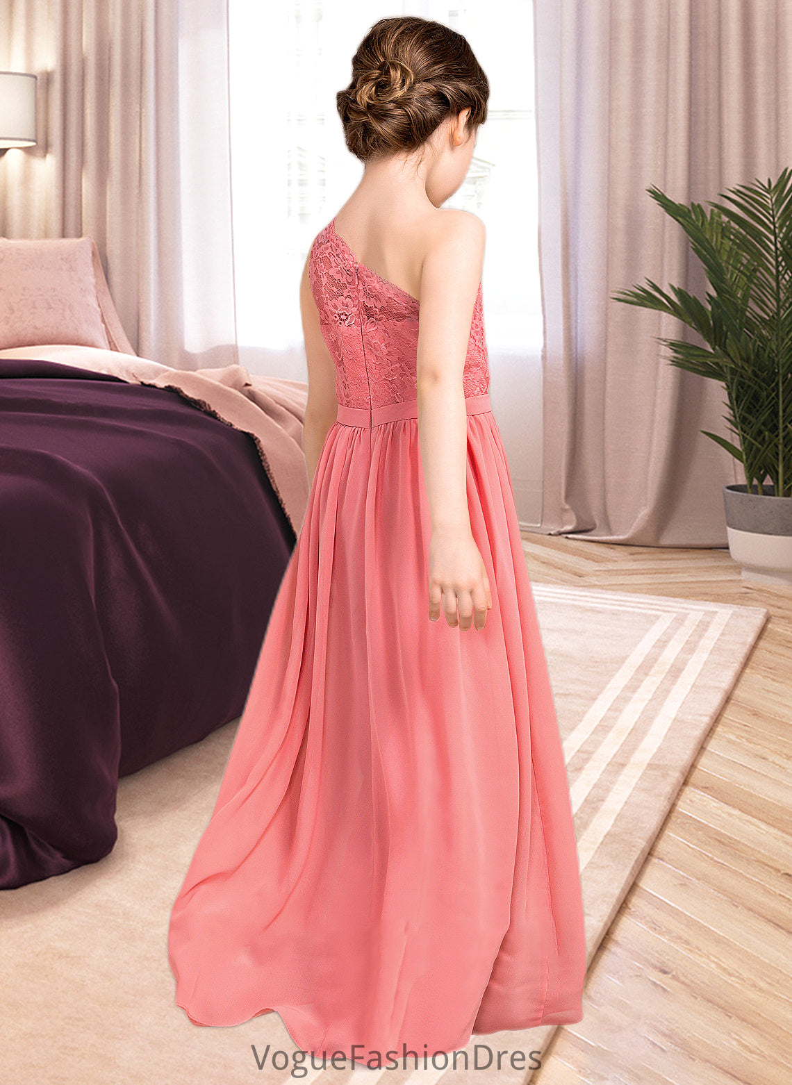 Jeanie A-Line One-Shoulder Floor-Length Chiffon Lace Junior Bridesmaid Dress DKP0013500