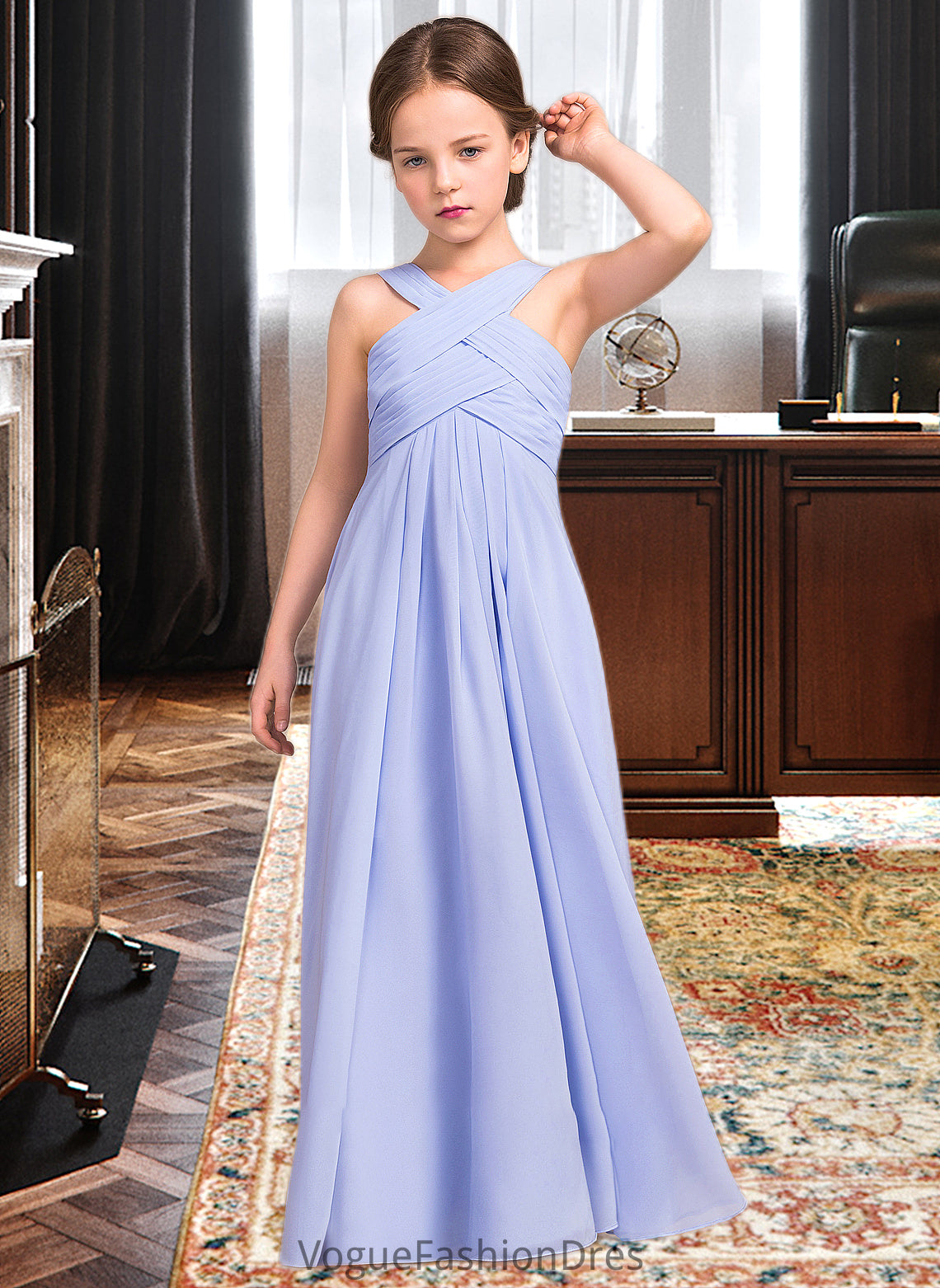 Megan A-Line V-neck Floor-Length Chiffon Junior Bridesmaid Dress With Ruffle DKP0013501