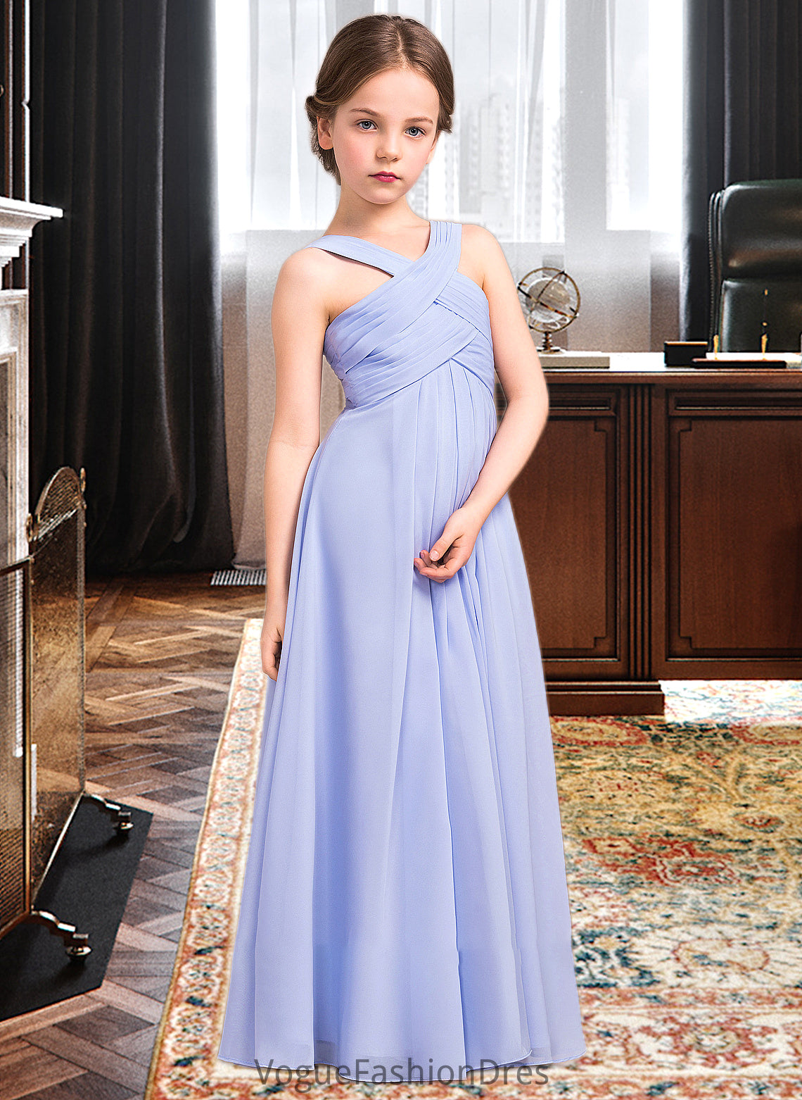 Megan A-Line V-neck Floor-Length Chiffon Junior Bridesmaid Dress With Ruffle DKP0013501