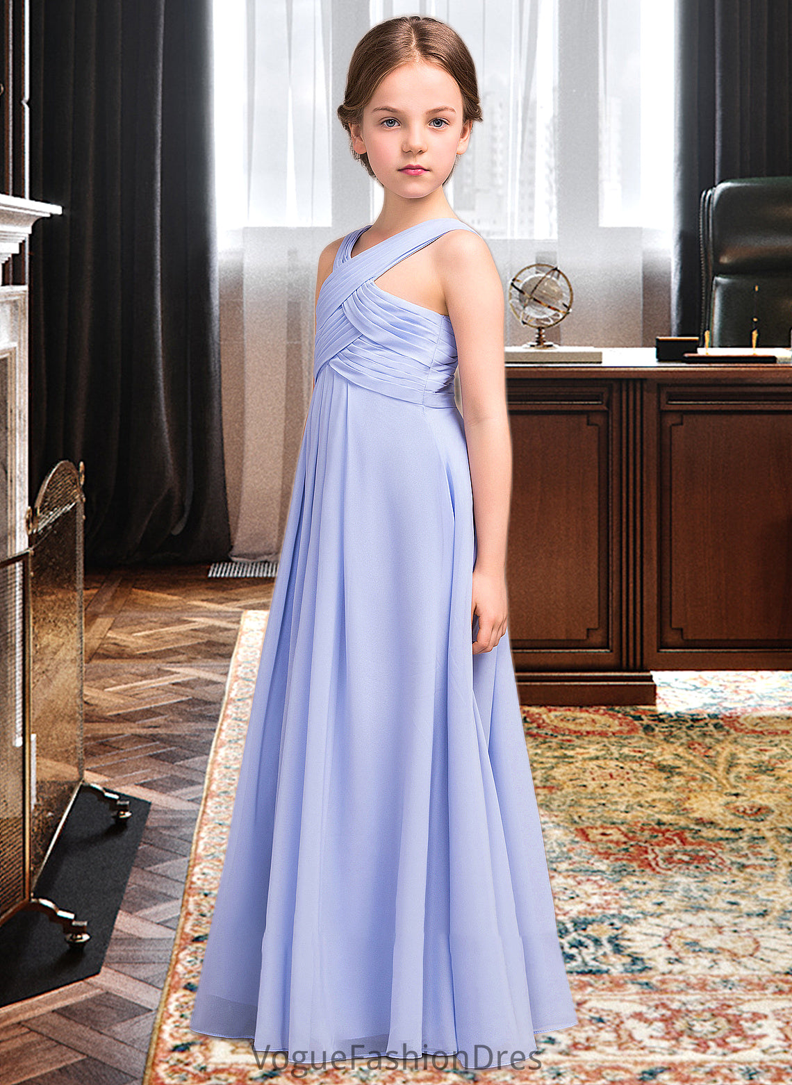 Megan A-Line V-neck Floor-Length Chiffon Junior Bridesmaid Dress With Ruffle DKP0013501